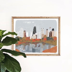 Autumn in Chicago Art Print | Skyline Poster | Lake Michigan Painting | Architecture Giclee | Children&#39;s Nursery Artwork | Fall Gouache