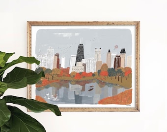 Autumn in Chicago Art Print | Skyline Poster | Lake Michigan Painting | Architecture Giclee | Children's Nursery Artwork | Fall Gouache