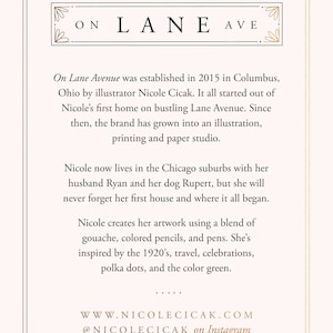 May include: A graphic design illustration of the text "ON LANE AVE" in a decorative font. The text is surrounded by a decorative border. The text is on a pink background. The text is followed by a description of the history of the brand, On Lane Avenue, and the artist's creative process.