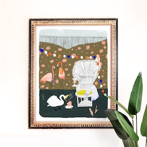 For the Birds Art Print | Garden Party Art | Upscale Decor | Flamingo Swan Wall Art | Gallery Wall Set | Children&#39;s Nursery Wall Art