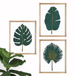 Set of 3 Palm Leaf Art Prints | Botanical Posters | Tropical Home Decor | Monstera Banana Fan | Gallery Wall Set | Nursery Illustration