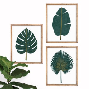Set of 3 Palm Leaf Art Prints | Botanical Posters | Tropical Home Decor | Monstera Banana Fan | Gallery Wall Set | Nursery Illustration