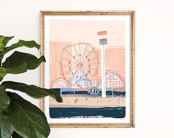 Coney Island Art Print | New York Amusement Park | Vintage Travel Giclee | NYC Wall Art | NYC Watercolor | Gallery Wall Set | Gouache Art