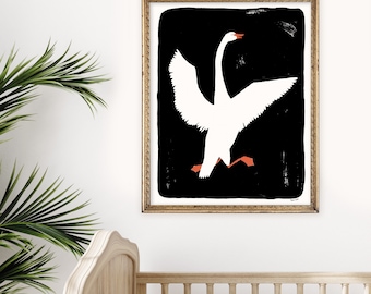 Swan Art Print | High Contrast Artwork for Babies | Black White Red Wall Decor | Nursery Design | Giclee Poster | Gallery Wall | Painting