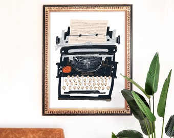 Typewriter Art Print | Writer Painting | Underwood Wall Art | Black Home Decor | Giclee Poster | Gallery Wall Set | Gouache Illustration