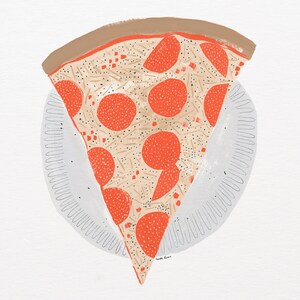 May include: A slice of pizza with pepperoni on a white plate with a decorative border. The pizza is illustrated in a cartoon style with red pepperoni and a beige crust.