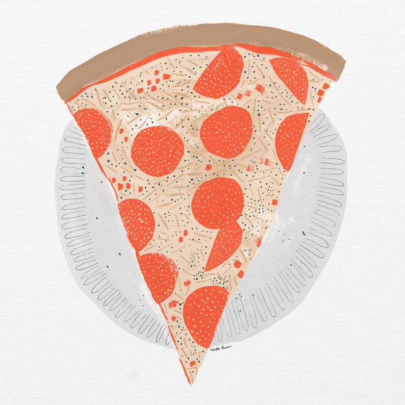 May include: A slice of pizza with pepperoni on a white plate with a decorative border. The pizza is illustrated in a cartoon style with red pepperoni and a beige crust.