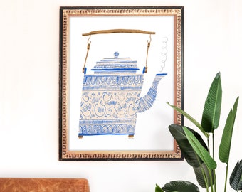 Teapot Art Print | Blue and White Painting | Unique Wall Art | Home Decor | Giclee Poster | Gift | Gallery Wall Set | Gouache Illustration
