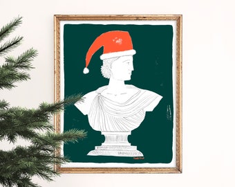 Bust Santa Art Print | Holiday Wall Hanging | Eclectic | Antique Christmas Home Decor |  Xmas Wall Art | Gouache Painting | Giclee Poster