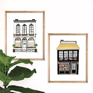 Set of 2 Parisian Shop Art Prints | Paris Home Decor | France Wall Art | French Bakery and Library | Gallery Wall Set | Gouache Illustration