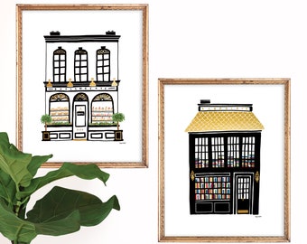 Set of 2 Parisian Shop Art Prints | Paris Home Decor | France Wall Art | French Bakery and Library | Gallery Wall Set | Gouache Illustration