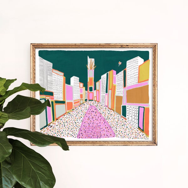 Impresión de arte de Times Square / Arte de Central Park / Horizonte de la ciudad de Nueva York / Arte de la pared de Nueva York / Acuarela de Nueva York / Conjunto de pared de la galería / Ilustración colorida
