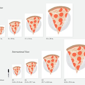 May include: A graphic illustration of a slice of pepperoni pizza on a white plate. The image shows different sizes of the print, ranging from 5 x 7 inches to 16 x 20 inches, and the corresponding international sizes in centimeters.