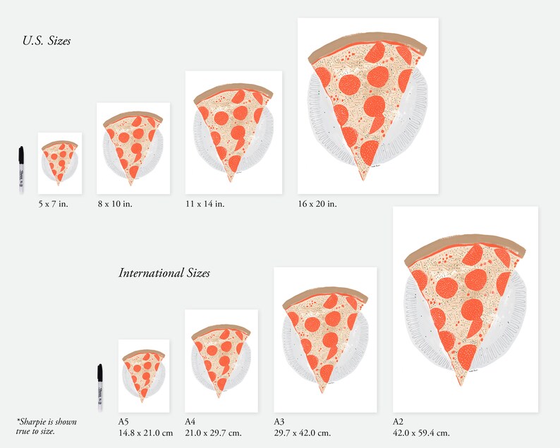 May include: A graphic illustration of a slice of pepperoni pizza on a white plate. The image shows different sizes of the print, ranging from 5 x 7 inches to 16 x 20 inches, and the corresponding international sizes in centimeters.
