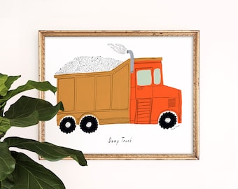 May include: A framed illustration of a red dump truck with a brown bed filled with gray rocks. The truck has a black exhaust pipe and black wheels. The text "Dump Truck" is written below the truck.