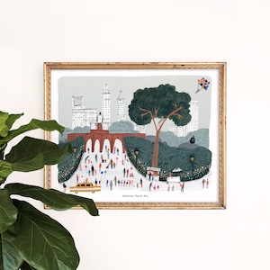 May include: A colorful illustration of Central Park Zoo in New York City. The illustration features a red brick archway, a large green tree, and many people walking around the zoo. The text "Central Park Zoo" is at the bottom of the illustration.