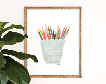 Glass Pencil Cup | Colorful Art Print | Wall Art | Studio Home Decor | Poster | Gift for Artist | 8x10 | Acid-free | Gouache | Illustration