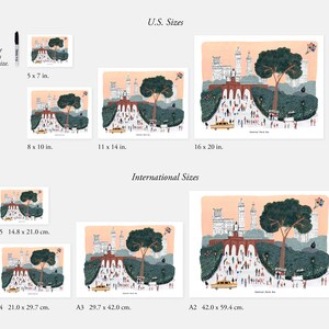 May include: A guide to different print sizes for a Central Park illustration. The illustration shows a stylized view of Central Park with a large tree, buildings, and people walking. The sizes are listed in inches and centimeters.
