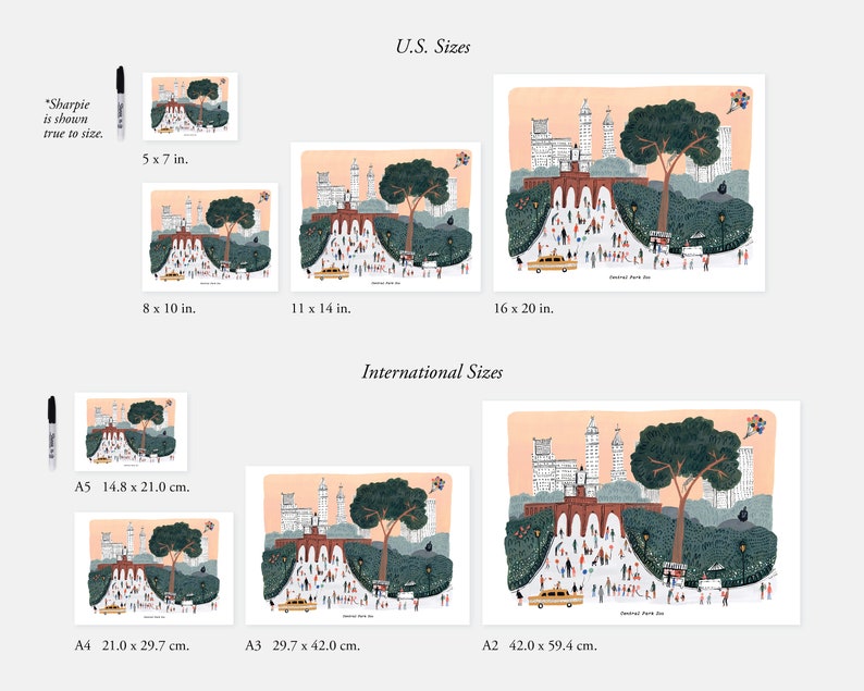 May include: A guide to different print sizes for a Central Park illustration. The illustration shows a stylized view of Central Park with a large tree, buildings, and people walking. The sizes are listed in inches and centimeters.