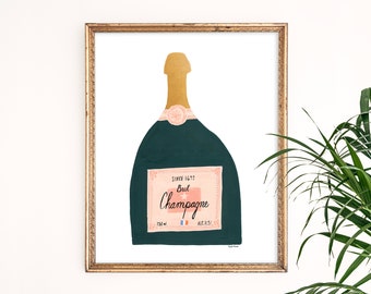 Brut Champagne Art Print | French Wall Decor | Alcohol Wall Art | Classy Home Decor | Bubbly Bar Cart Poster | Gouache Illustration | Giclee