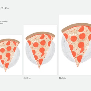 May include: Three different sizes of a pepperoni pizza slice on a white plate. The sizes are 18x24 inches, 20x30 inches, and 24x36 inches.