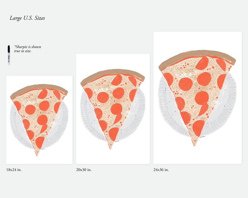 May include: Three different sizes of a pepperoni pizza slice on a white plate. The sizes are 18x24 inches, 20x30 inches, and 24x36 inches.