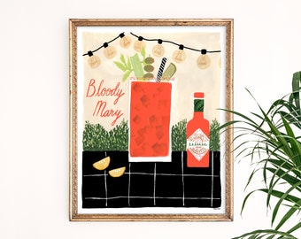 Bloody Mary Art Print | Alcohol Wall Decor | Mixology Wall Art | Brunch Cocktail Watercolor | Gallery Wall Hanging Set | Gouache Painting