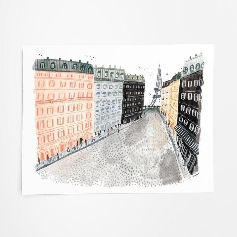 May include: A watercolor painting of a Parisian street scene with buildings on either side of a cobblestone street. The Eiffel Tower is visible in the distance.