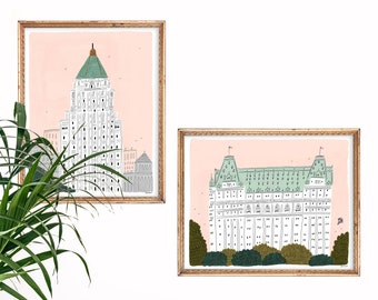 Set of 2 New York City Hotel Art Prints | Carlyle | Plaza | Central Park Art | New York Skyline | NYC Wall Art | Gallery Wall Set | Gouache