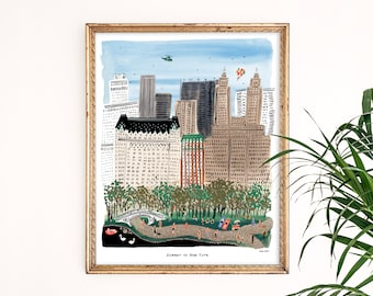 May include: A watercolor illustration of a summer day in New York City. The illustration features a view of Central Park with people walking, a bridge, and a pond with swans. In the background, tall buildings rise up against a blue sky. The text "Summer in New York" is written at the bottom of the illustration.