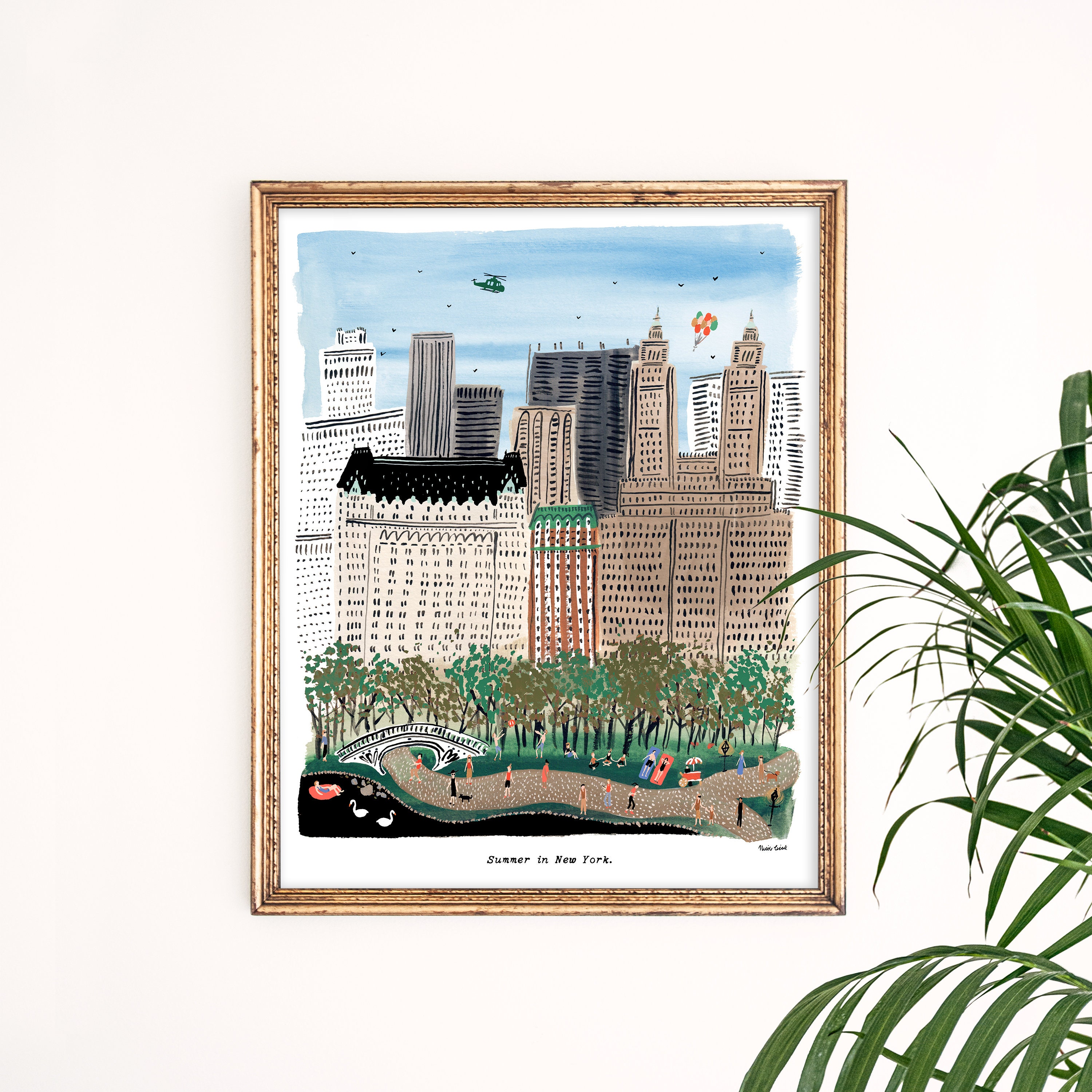 Summer in New York City Art Print Central Park Art New York Skyline NYC  Wall Art NYC Watercolor Gallery Wall Set Gouache Giclee 