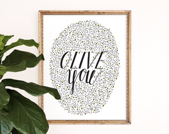 Olive You Art Print | Cute Wall Art | Giclee Poster | Foodie Wall Hanging | Children's Home Decor | Nursery Painting | Digital Illustration