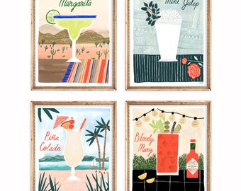 Set of 4 Cocktails Art Prints | Margarita | Mint Julep | Pina Colada | Bloody Mary | Cosmo | Moscow Mule | Gallery Wall Set | Gouache Art