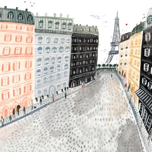 May include: A watercolor illustration of a Parisian street scene with colorful buildings, cobblestone streets, and the Eiffel Tower in the distance. The buildings are painted in shades of pink, blue, yellow, and black. There are small figures of people walking on the street.