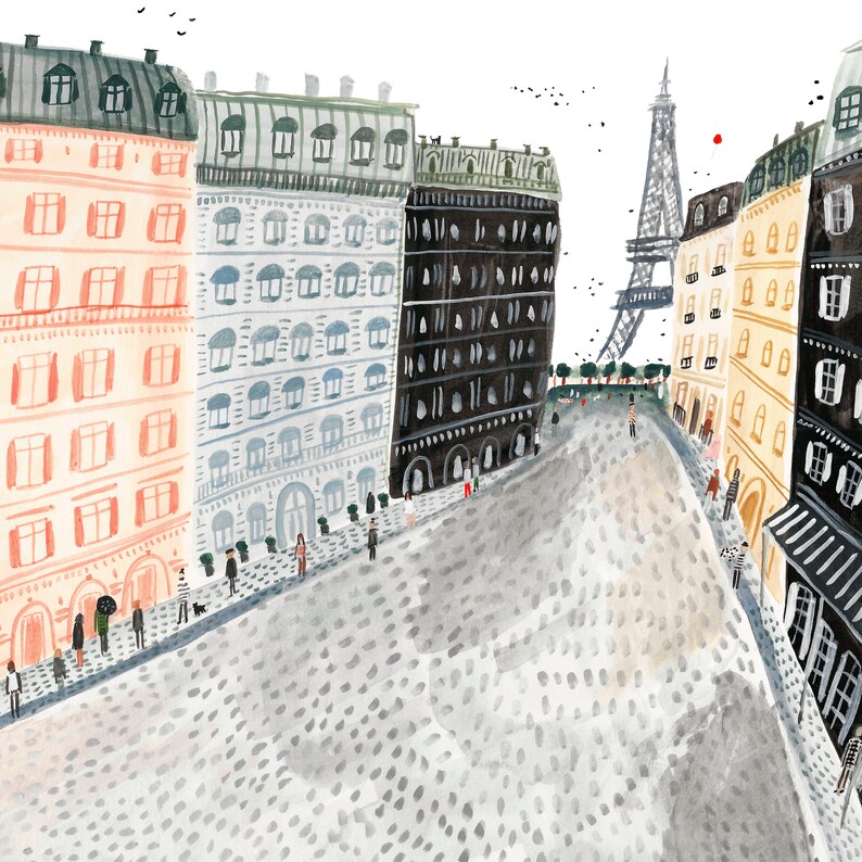 May include: A watercolor illustration of a Parisian street scene with colorful buildings, cobblestone streets, and the Eiffel Tower in the distance. The buildings are painted in shades of pink, blue, yellow, and black. There are small figures of people walking on the street.
