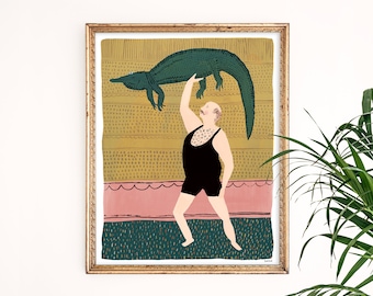 Alligator Man Art Print | Circus Art | Bodybuilder Wall Decor | Funny Poster | Gallery Wall Set | Gouache Painting | Children&#39;s Nursery Art