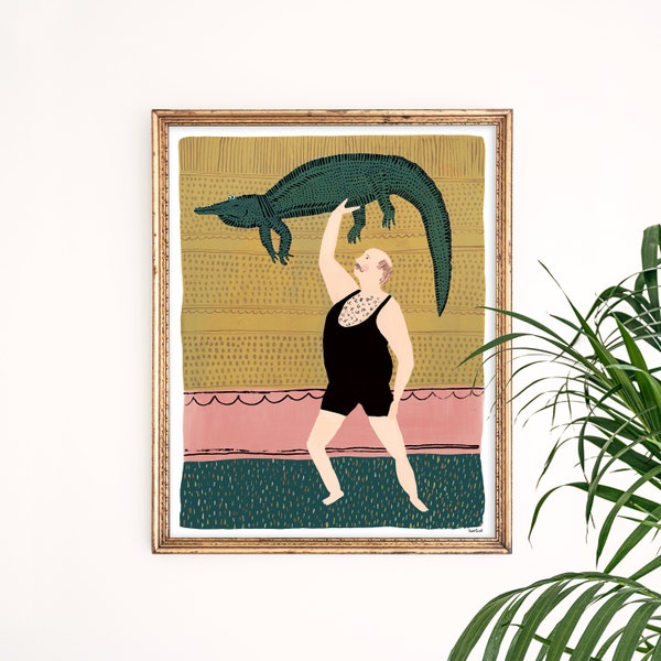 Alligator Man Art Print | Circus Art | Bodybuilder Wall Decor | Funny Poster | Gallery Wall Set | Gouache Painting | Children's Nursery Art