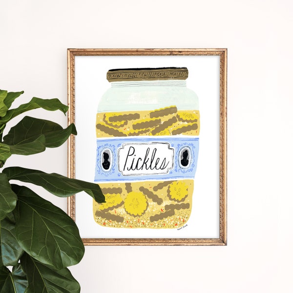 Pickle Jar Art Print | Foodie Wall Hanging Kitchen | Vintage Packaging Home Decor | Children's Nursery Art | Gouache Illustration | Giclee