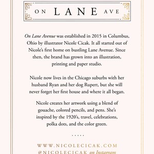 May include: A graphic design illustration of the text "ON LANE AVE" in a decorative font. The text is surrounded by a decorative border. The text is on a pink background. The text is followed by a description of the history of the brand, On Lane Avenue, and the artist's creative process.