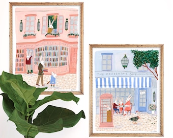 Bunny Bookshop & Café Art Prints | Set of 2 | Rabbit Nursery Theme | English Inspired Architecture | Children's Bedroom | Gallery Wall Set
