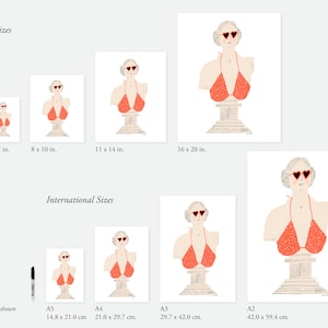 May include: A print of a bust sculpture of a woman wearing a red bikini and heart-shaped sunglasses. The print is available in various sizes, including 5x7 inches, 8x10 inches, 11x14 inches, 16x20 inches, A5, A4, A3, and A2.