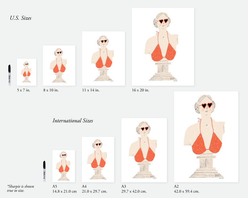 May include: A print of a bust sculpture of a woman wearing a red bikini and heart-shaped sunglasses. The print is available in various sizes, including 5x7 inches, 8x10 inches, 11x14 inches, 16x20 inches, A5, A4, A3, and A2.
