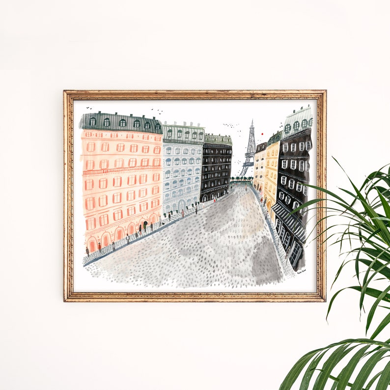 May include: A watercolor painting of a Parisian street scene with buildings on either side of the street, the Eiffel Tower in the distance, and a cobblestone street.