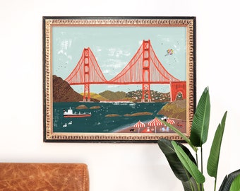 Golden Gate Bridge Art Print | San Francisco Landmark | California Wall Art | Architecture | Gallery Wall | Gouache Painting | Giclee Poster