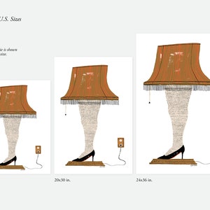 May include: Three different sizes of a print featuring a lampshade with a human leg and foot wearing a black high heel shoe. The lampshade is orange and brown with a fringe trim. The leg is made of text. The print is available in 18x24 inches, 20x30 inches, and 24x36 inches.