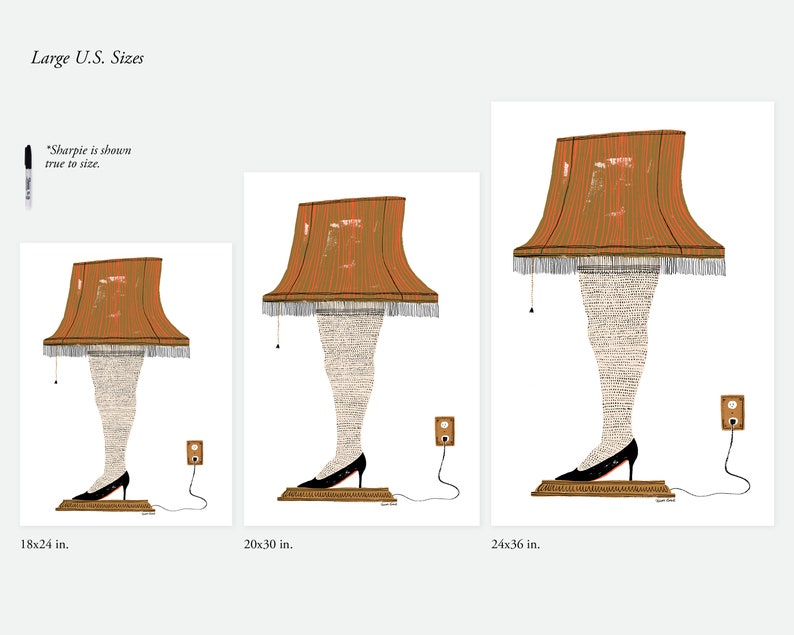 May include: Three different sizes of a print featuring a lampshade with a human leg and foot wearing a black high heel shoe. The lampshade is orange and brown with a fringe trim. The leg is made of text. The print is available in 18x24 inches, 20x30 inches, and 24x36 inches.