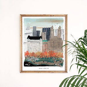 Impresión artística de otoño en la ciudad de Nueva York / Arte de Central Park / Horizonte de Nueva York / Arte mural de Nueva York / Acuarela de Nueva York / Conjunto de pared de galería / Arte gouache