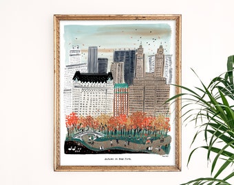 May include: A watercolor illustration of a cityscape with tall buildings and a park in the foreground. The park has trees with red and orange leaves, a bridge, and people walking. The text "Autumn in New York" is at the bottom of the image.