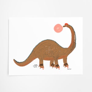 May include: A brown dinosaur with a red hat blows a pink bubble while roller skating. The dinosaur has four legs and a long neck. The dinosaur is on a white background. The text "Mary Grand" is in the bottom right corner.