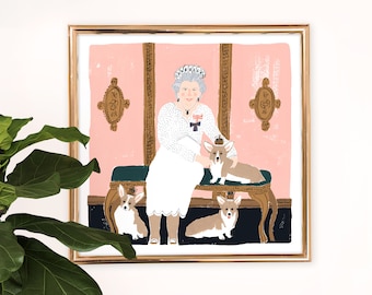 Queen Elizabeth II Art Print | Monarchy Wall Decor | Corgi Dogs | British Royalty Painting | England | Gallery Wall | Gouache Illustration